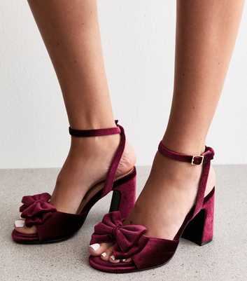 Wide Fit Burgundy Velvet Bow Block Heel Sandals