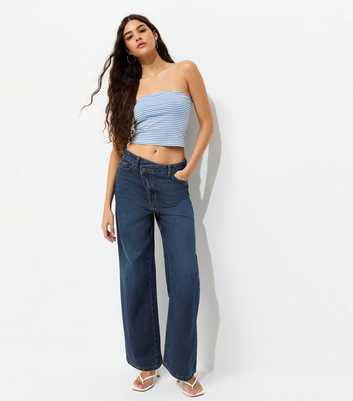 Dark Blue Crossover Fly Wide Leg Jeans