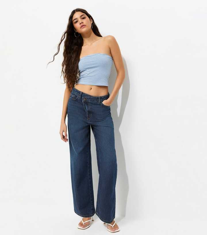 Dark Blue Crossover Fly Wide Leg Jeans