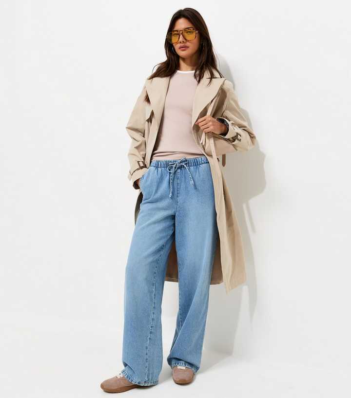 Light Blue Denim Wide Leg Drawstring Waist Jeans