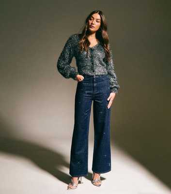 Blue Diamanté Embellished Wide Leg Jeans