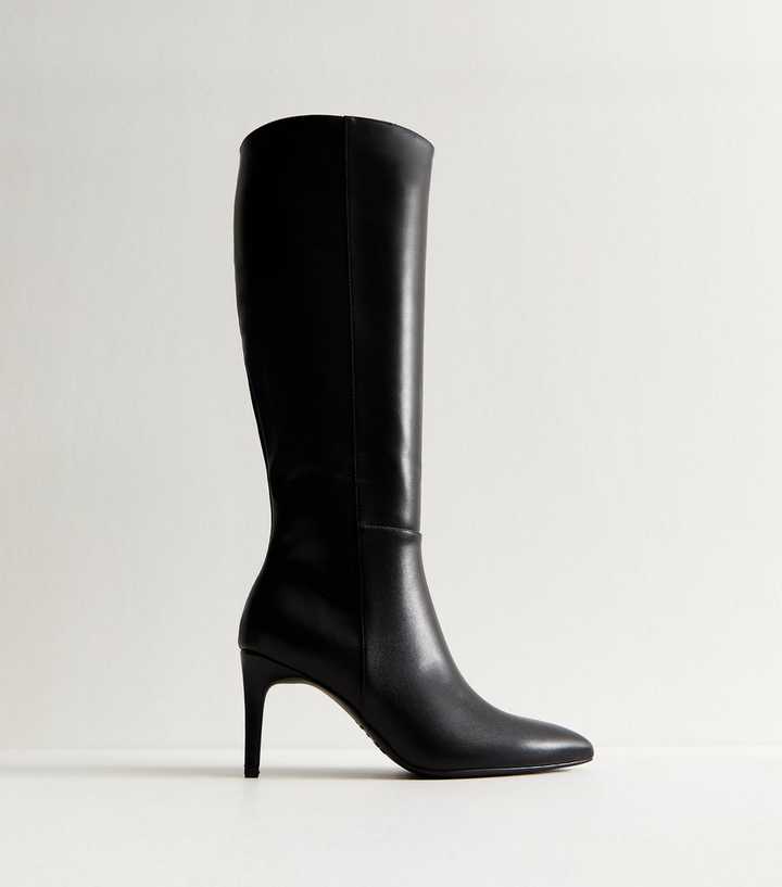 Black Faux Leather Zip Up Stiletto Knee High Boots
