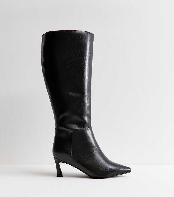 Wide Fit Black Faux Leather Heeled Boots
