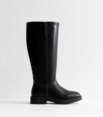 Extra Calf Fit Black Faux Leather Riding Knee High Boots