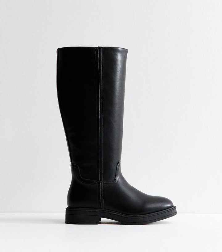 Extra Calf Fit Black Faux Leather Riding Knee High Boots