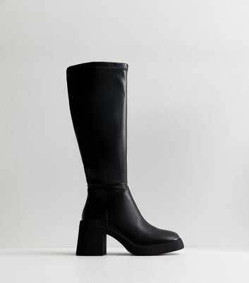 Slim Calf Fit Faux Leather Black Stretch Chunky Boots