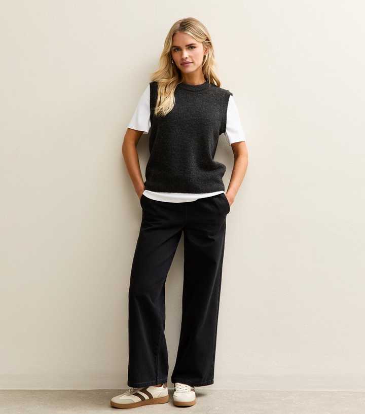 Petite Black Pull On Wide Leg Jeans