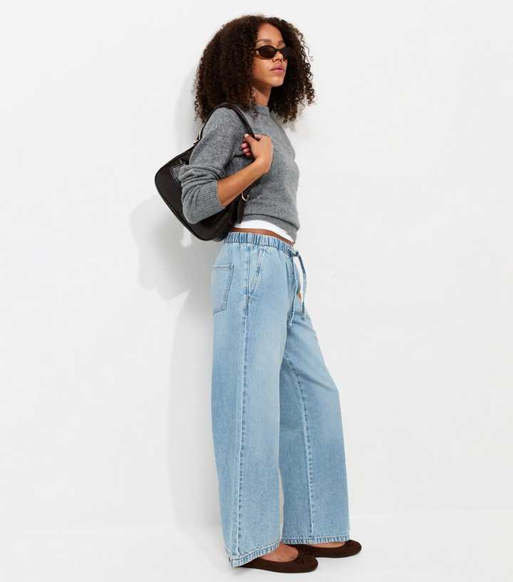 Petite Light Blue Pull On Wide Leg Jeans
