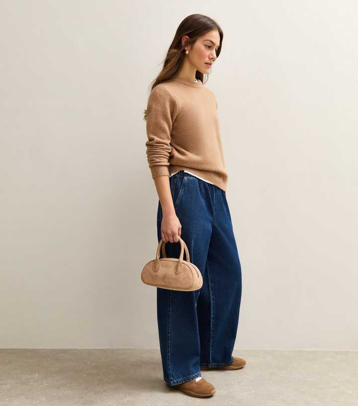 Petite Dark Blue Pull On Wide Leg Jeans