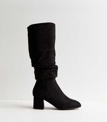 Black Faux Suede Ruched Knee High Boots