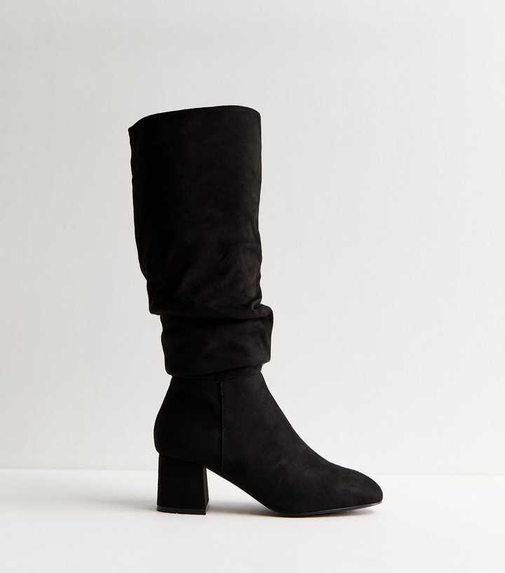 Black Faux Suede Ruched Knee High Boots