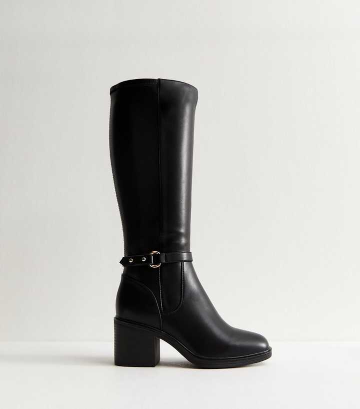 Wide Fit Black Faux Leather Block Heel Knee High Boots.