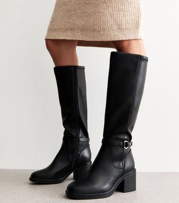 Wide Fit Black Faux Leather Block Heel Knee High New Look