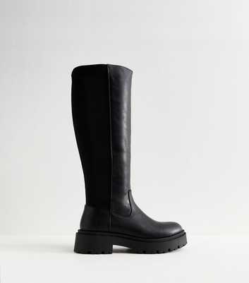 Black Faux Leather Stretchy Chunky Knee High Boots