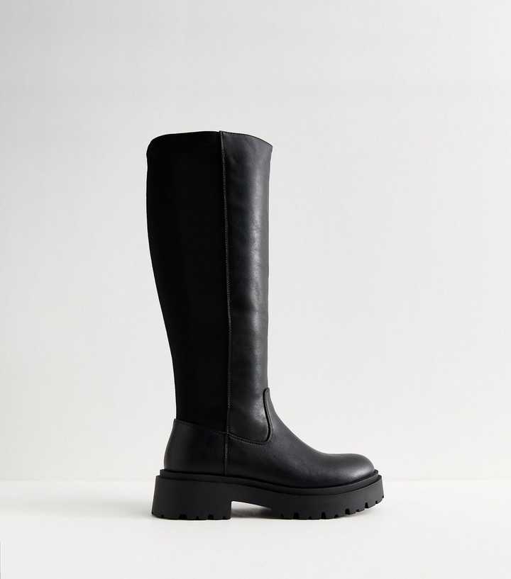 Black Faux Leather Stretchy Chunky Knee High Boots