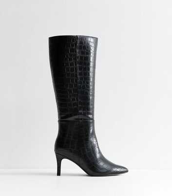 Wide Fit Black Croc Embossed Stiletto Knee High Boots
