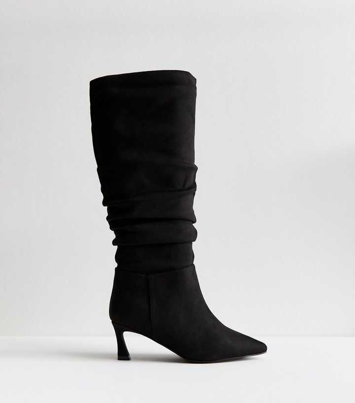 Wide Fit Black Faux Suede Ruched Knee High Boots