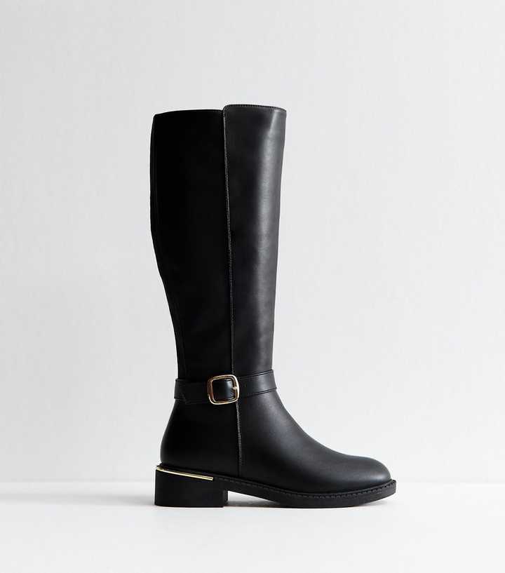 Black Faux Leather Riding Knee High Boots