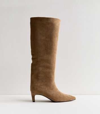 Camel Faux Suede Low Stiletto Heel Knee High Boots