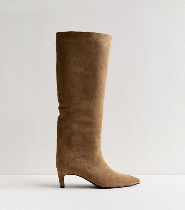 Camel Faux Suede Low Stiletto Heel Knee High Boots