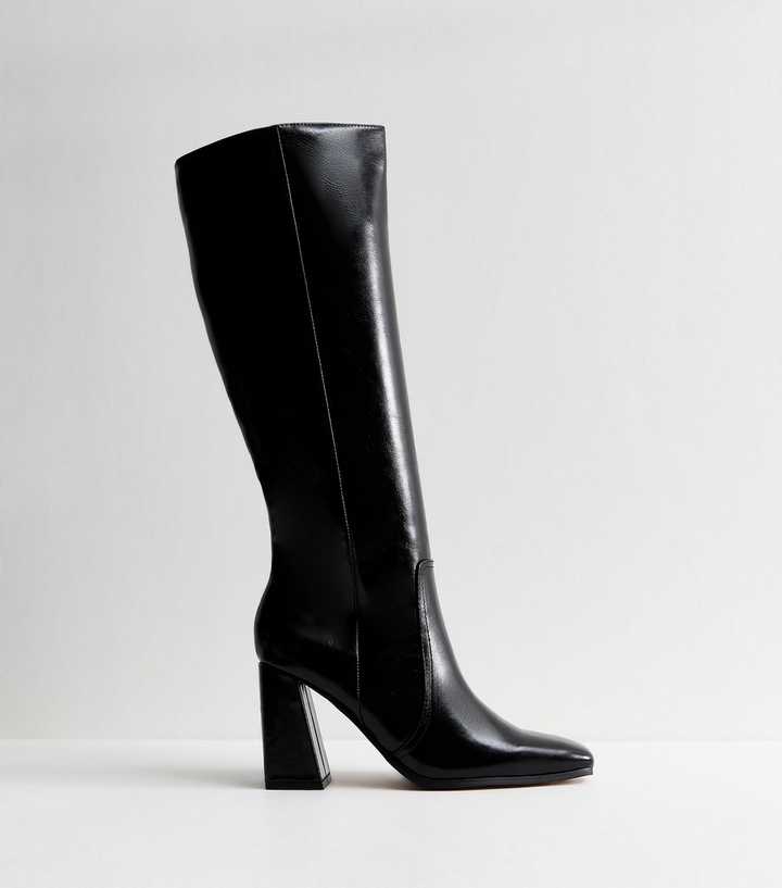 Slim Calf Fit Black Faux Leather Knee High Boots