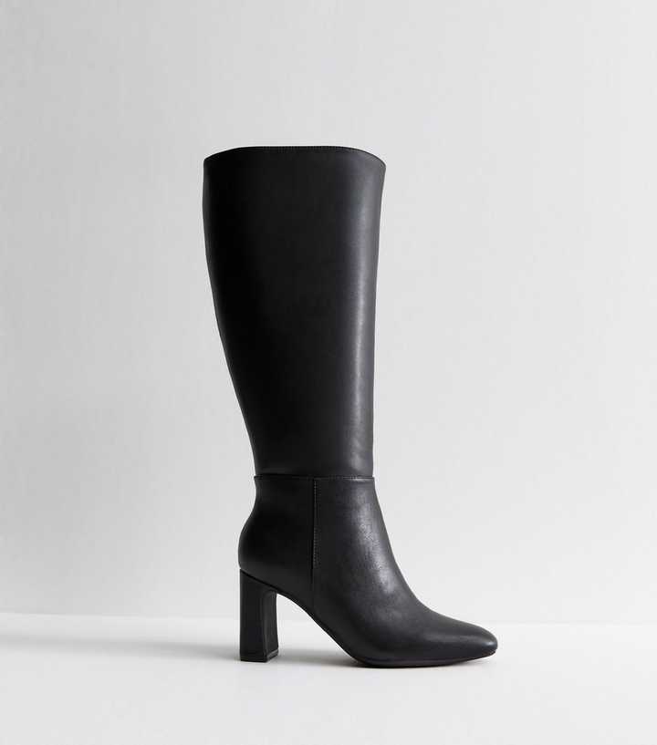 Extra Calf Fit Black Faux Leather Heeled Boots