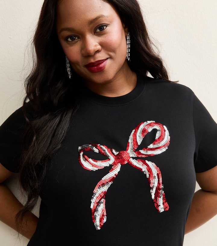 Curves Black Sequin Bow T-Shirt