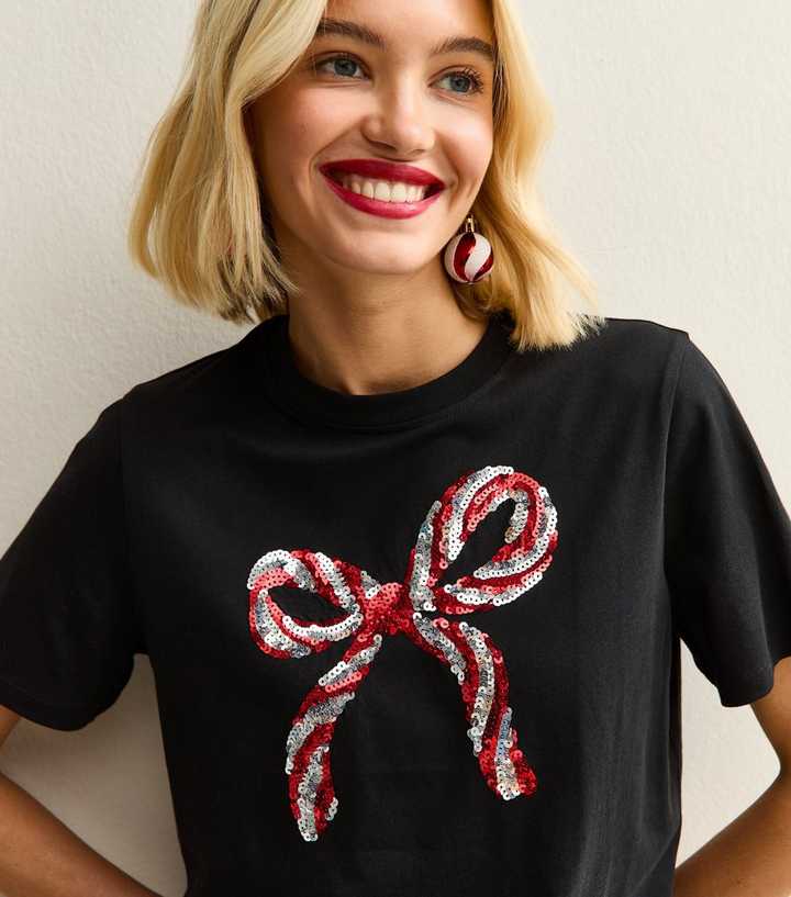 Black Sequin Bow Relaxed Christmas T-Shirt