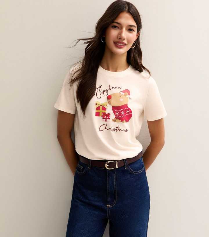 SurBepo Women's Merry Christmas Leopard Plaid T-Shirt - Casual Graphic Tee (Beige, XL)