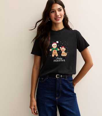 Black Christmas Feeling Festive Gingerbread Man Print T-Shirt