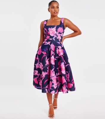 Quiz Petite Navy Floral Print Midi Skater Dress