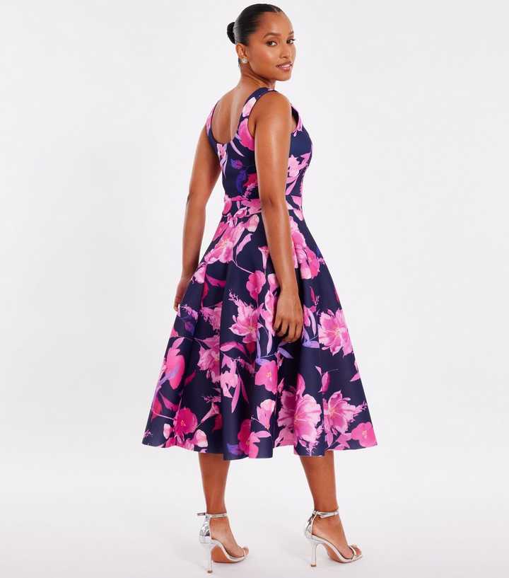 Quiz Petite Navy Floral Print Midi Skater Dress