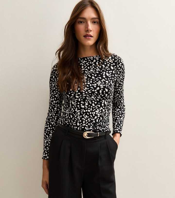 Black Ribbed Jersey Pattern Print Long Sleeve Top