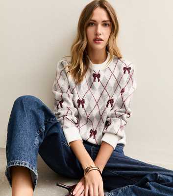 Grey Argyle Sequin Bow Knit Jumper