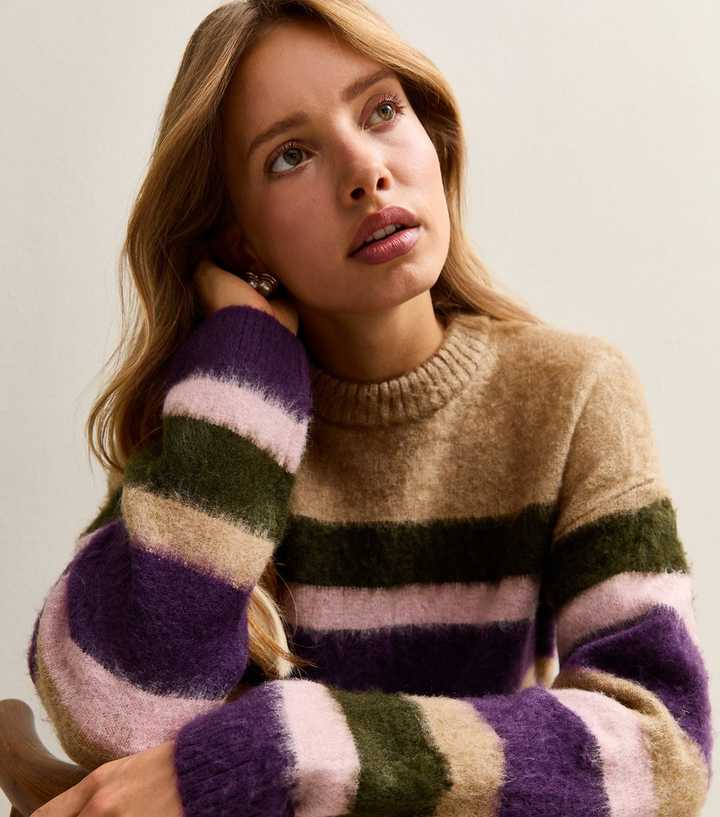 Brown Striped Brushed Crew Neck Jumper