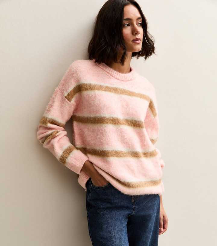 Pink Striped Brushed Crew Neck Jumper