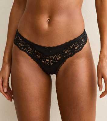 Black Floral Lace V-Front Thong
