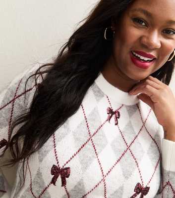 Curves Cream Argyle Sequin Bow Embellished Jumper