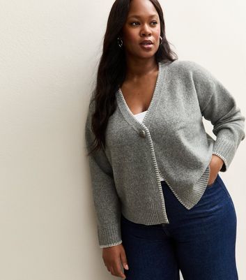 UND MIX YARN PATCHWORK KNIT CARDIGAN グレー Curves Mid Grey Blanket Stitch V-Neck Cardigan | New Look