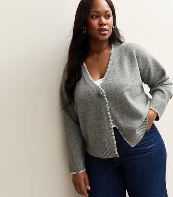Curves Mid Grey Blanket Stitch V-Neck Cardigan