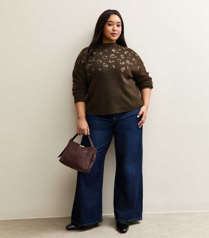 Curves Brown Sequin Leopard Knit Jumper