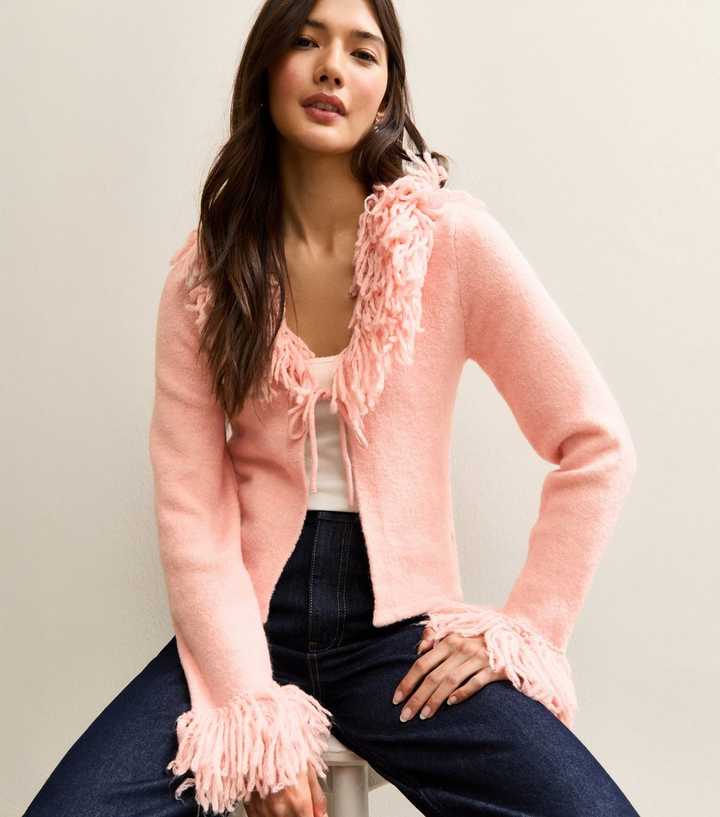 Light Pink Tie Front Fringe Cardigan