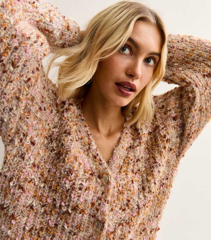 Light Pink Shimmer Thread Ribbed Knit Cardigan