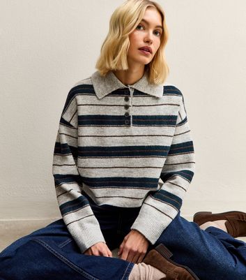 Grey Striped Knit Polo Jumper | New Look