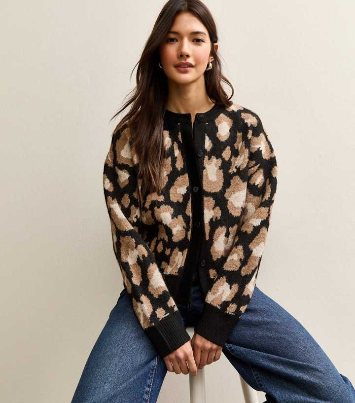 Black Leopard Print Crew Neck Cardigan