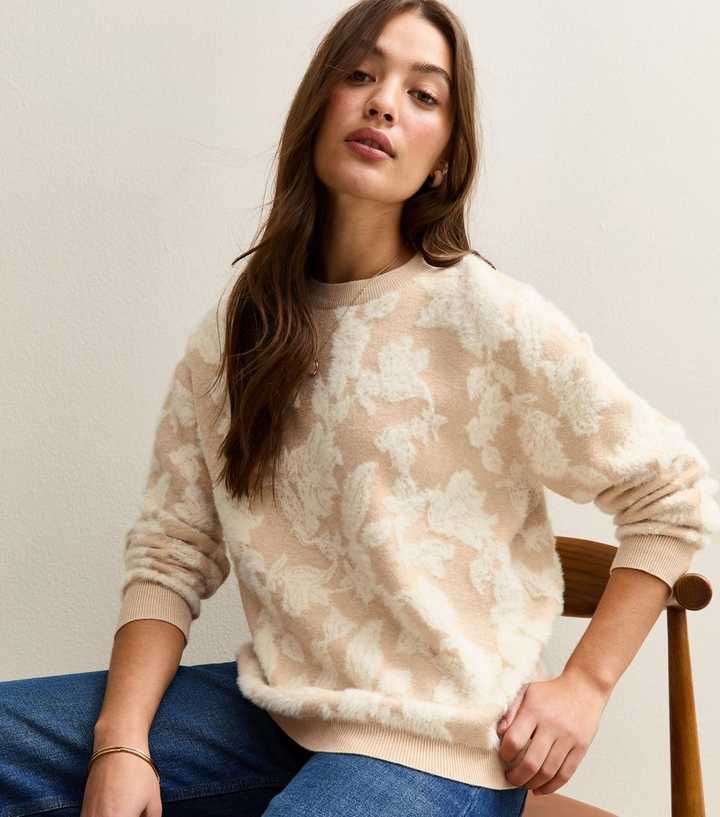 Light Brown Brushed Floral Crew Neck Jumper