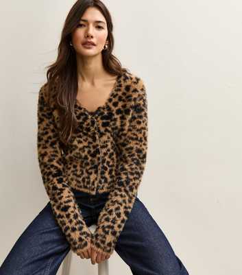Brown Fluffy Knit Leopard Pattern Cardigan