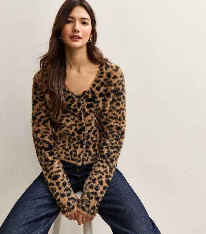 Brown Fluffy Knit Leopard Pattern Cardigan
