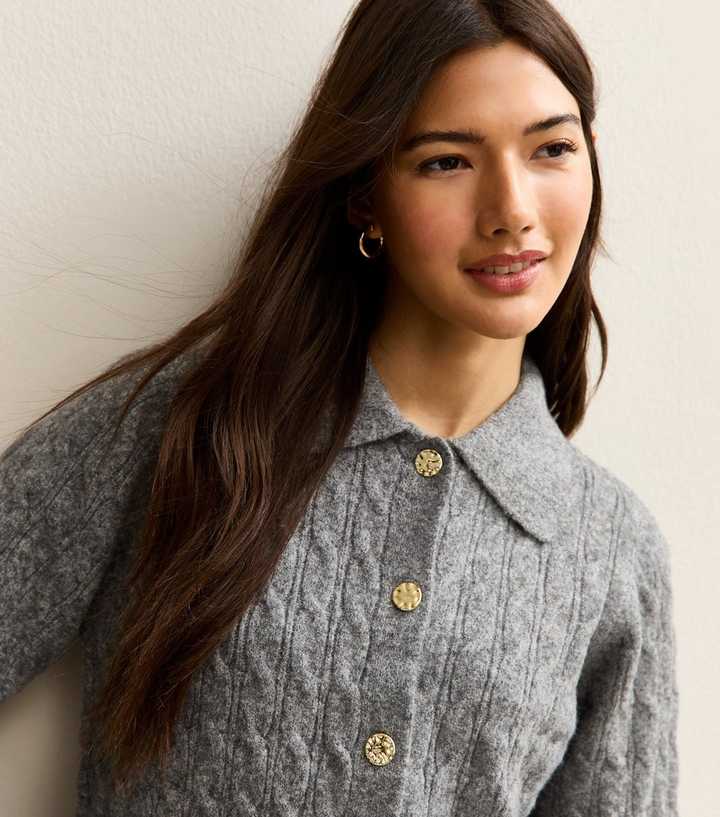 Grey Cable Knit Collared Cardigan