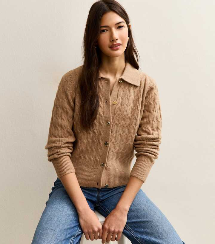 Camel Cable Knit Collared Cardigan